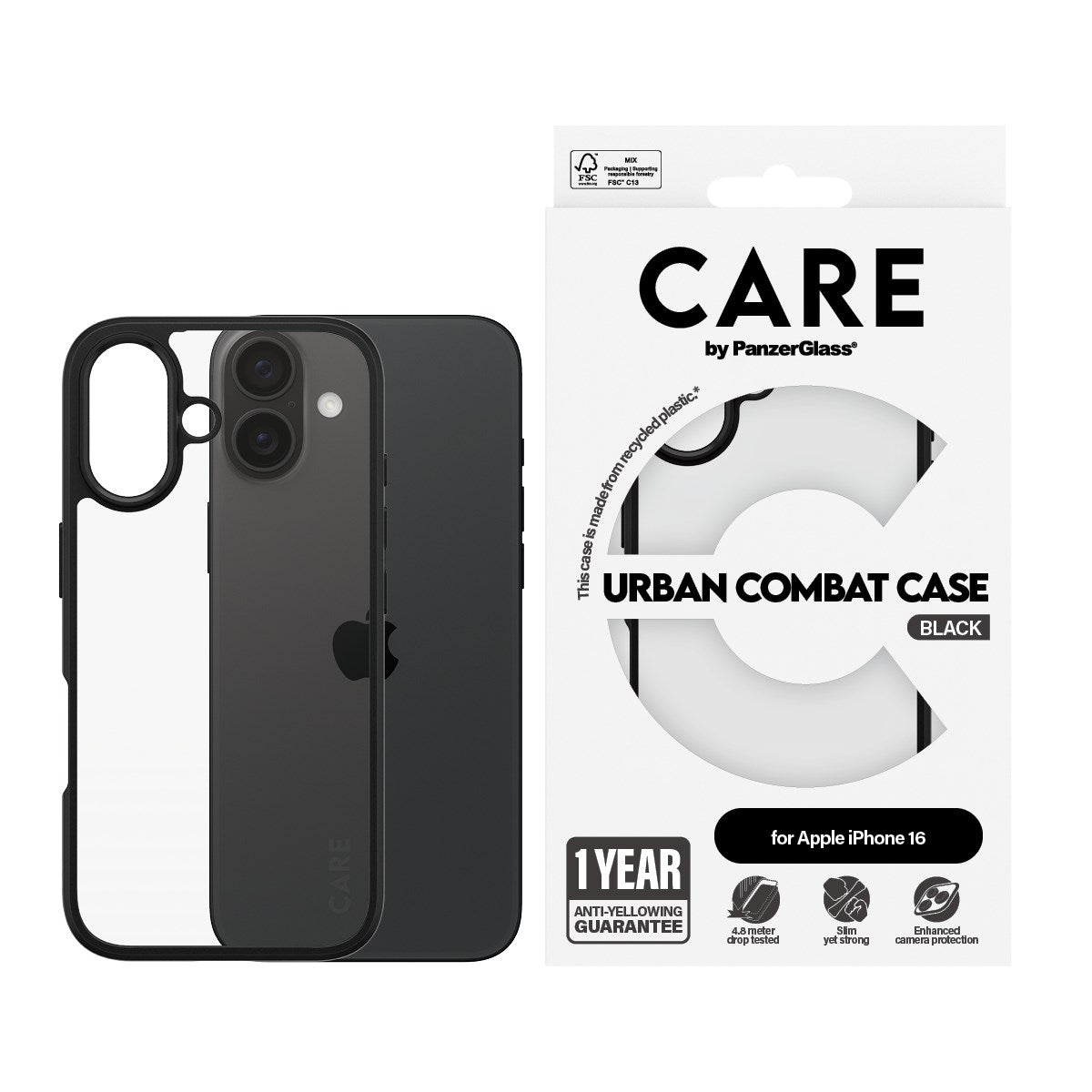 CARE by PanzerGlass® Urban Combat Case Transparent w. Black Frame iPhone 16